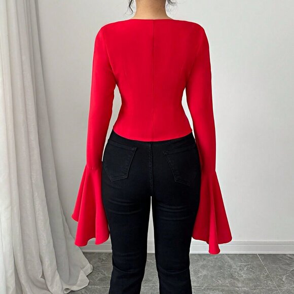 Red Casual Women's V-Neck Exaggerated Flared Sleeve Blouse - Picture 2 of 6
